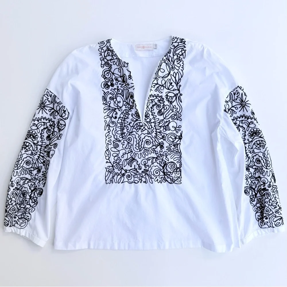 Tory Burch Embroidered White Cotton Poplin Top with Black Embroidery Size 6